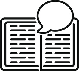 Poster - black and white line art illustration of an open book with a speech bubble, symbolizing dialogue or 