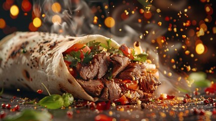 Wall Mural - A tasty burrito with meat and vegetables on a table with a lot of spices and peppers