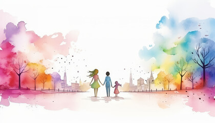 Wall Mural - A woman and a child are walking down a road