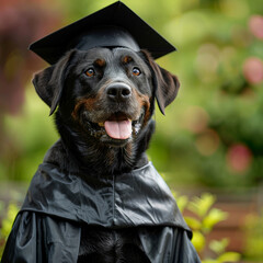 Wall Mural - Dog black graduation cap gown standing outdoors looking happy. Concept education, graduate, leader