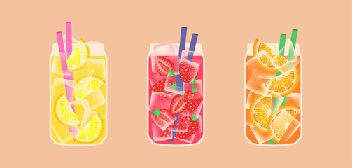 Wall Mural - Set of refreshing lemonades. Summer soft drinks with strawberry, orange and lemon. Vector illustration.