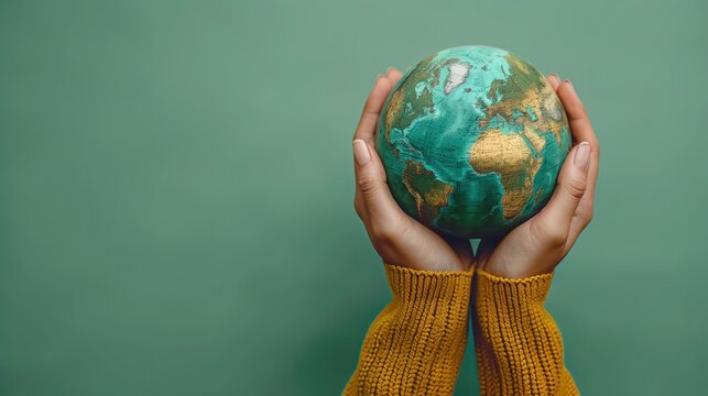 Earth planet globe in woman hand, hands on green background. Environmental protection concept, Earth day, World environment day, generative ai