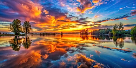 Wall Mural - Sunset reflection creating a beautiful watercolor effect on still water , sunset, reflection, water, tranquil, calm, nature, peaceful, dusk, orange, golden, serene, evening, sky, horizon