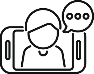 Poster - Modern and minimalistic online video call icon for virtual communication and meetings on digital mobile app and web interface with speech bubble and webcam silhouette in simple black and white flat de
