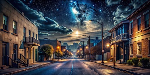 Tranquil night scene of a dark urban street under the night sky horizon , urban, twilight, serenity, tranquil, city, street, night, sky, horizon, peaceful, calming, soothing, quiet, empty