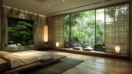 Wall Mural - This image depicts a luxurious spa-like Asian bedroom retreat, featuring a plush canopy bed, designed to offer ultimate relaxation and tranquility in an elegant setting.