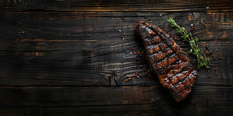 Wall Mural - Perfectly grilled steak placed on a rustic wooden table, showcasing a deliciously charred and juicy cut of meat, ideal for food photography and culinary presentations..