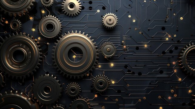 Steel gears machine with technology modern circuit board background wallpaper AI generated image