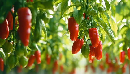 A bunch of red peppers hanging from a plant