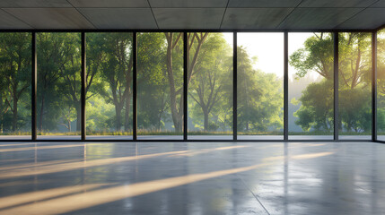 Aufkleber - Spacious Modern Loft Style Interior with Polished Concrete Floor and Large Windows Overlooking Nature, Sunlit Open Space Ideal for Contemporary Living or Office
