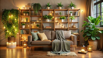 Wall Mural - Image of a cozy living room with a wooden bookshelf, green plants, soft blanket on a couch, and warm glowing lights, home decor, cozy, comfortable, hygge, interior design, relaxation