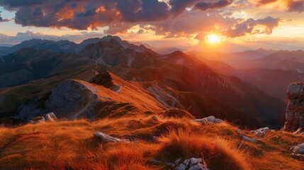 Wall Mural - Beautiful mountains range with sunset sky in the background.