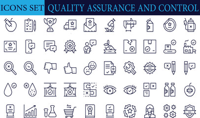 Set of 50 Quality Control line icons set. Quality Control outline icons with editable stroke collection. Includes Quality Check, Inspection, Evaluation, Production, Improvement and More