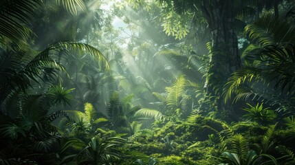 Wall Mural - A lush green jungle with sunlight shining through the trees. The scene is serene and peaceful