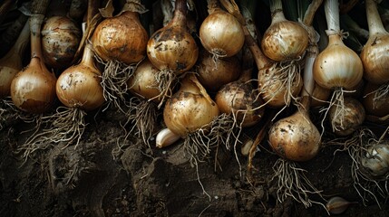 Wall Mural - golden onions and heads of garlic with the roots still attached to the ground generative ai