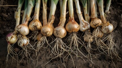 Wall Mural - golden onions and heads of garlic with the roots still attached to the ground generative ai