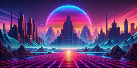 Wall Mural - retro cyberpunk style landscape with bright neon pink and purple colors generated by AI, synthwave, cyberpunk, retro,landscape, background, banner, wallpaper, neon, pink, purple, generative
