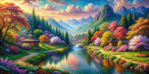 Wall Mural - Beautiful landscape painting masterpiece with vibrant colors and intricate details , landscape, painting, masterpiece, vibrant, colors, intricate, details, art, wallpaper, image, generated