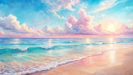 Wall Mural - Realistic watercolor style sea beach background in soft pink pastel tone , ocean, beach, shoreline, waves, sand, sunset, tranquil, peaceful, serene, coastline, beautiful, paradise, vacation