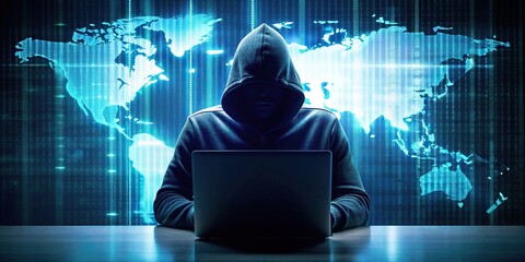 Wall Mural - Shadowy world of hacking depicted with a hoodie-clad hacker sitting in front of a computer monitor, technology, cybersecurity, cybercrime, dark web, internet, hacking, digital, anonymity