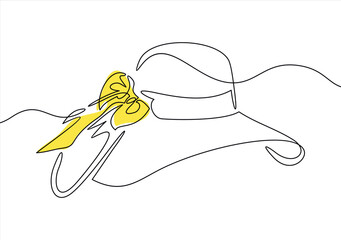 Women summer hat in continuous line art drawing style. Female sun protected hat with bow-knot. Minimalist black linear design isolated on white background. Vector illustration