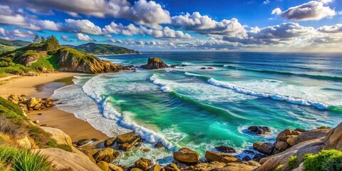 Wall Mural - Scenic ocean view with beach, rocks, and waves, sea, water, coastline, nature, scenic, landscape, shore, rocks, waves, serene, tranquil, peaceful, summer, vacation, travel, horizon, beauty