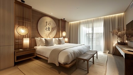 Wall Mural - This image depicts a luxurious spa-like Asian bedroom retreat, featuring a plush canopy bed, designed to offer ultimate relaxation and tranquility in an elegant setting.