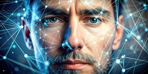 Wall Mural - Digital network intertwining on a close-up of a human face, technology, network, connection, communication, internet, data, cyber, futuristic, artificial intelligence, innovation