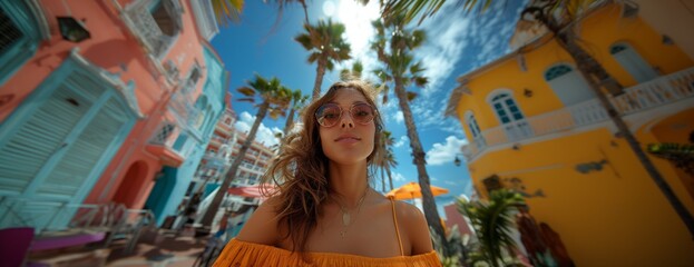 Poster - Woman in colorful vacation setting with palm trees