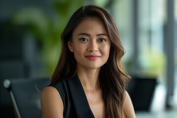 Portrait of filipina woman beautiful business leader, in modern bright office boardroom, professional atmosphere, leadership, diverse workplace, corporate setting.