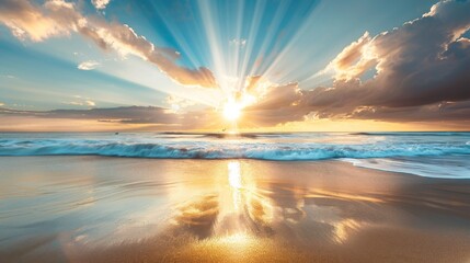 Poster - A beach at sunrise with beams of light breaking through the horizon, casting a golden glow on the sand and waves, creating a tranquil and beautiful scene