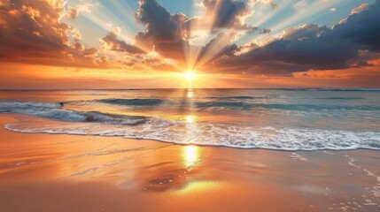 Poster - A beach at sunrise with beams of light breaking through the horizon, casting a golden glow on the sand and waves, creating a tranquil and beautiful scene