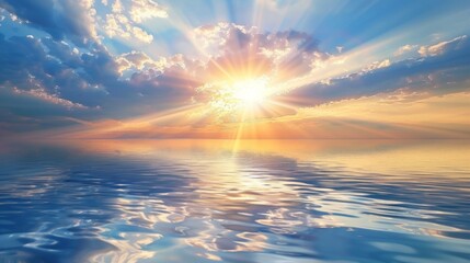 Poster - A calm ocean at sunrise with rays of sunlight breaking through the clouds and reflecting off the water, creating a peaceful and awe-inspiring view