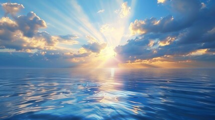 Poster - A calm ocean at sunrise with rays of sunlight breaking through the clouds and reflecting off the water, creating a peaceful and awe-inspiring view