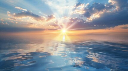 Poster - A calm ocean at sunrise with rays of sunlight breaking through the clouds and reflecting off the water, creating a peaceful and awe-inspiring view