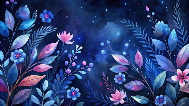 Watercolor botanical pattern with blue and pink twigs and flowers on a dark background, watercolor, seamless, pattern, blue, pink, twigs, flowers, hand-painted, leaves, dark background