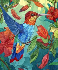 Wall Mural - A vibrant depiction of a colorful hummingbird among tropical flowers and lush foliage.