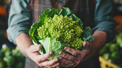 farmer holding a green romanesco broccoli and brussels sprouts generative ai
