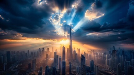 Poster - A cityscape at dusk with rays of sunlight breaking through dark clouds, casting a dramatic and ethereal glow over the skyscrapers