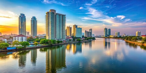 Wall Mural - Cityscape of Nonthaburi city skyline with modern buildings and river, Thailand, urban, architecture, skyline, cityscape, modern, buildings, river, waterfront, travel, destination, scenic