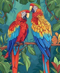 Wall Mural - Two vibrant macaws perched on a branch amidst lush tropical foliage.