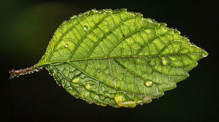 Poster - A close-up shot of a single dewdrop-laden green leaf glistening in the early morning sunlight, highlighting the intricate vein patterns and freshness of the leaf