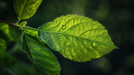 Poster - A close-up shot of a single dewdrop-laden green leaf glistening in the early morning sunlight, highlighting the intricate vein patterns and freshness of the leaf