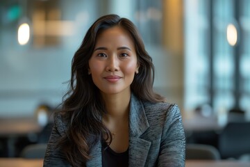 Portrait of filipina woman beautiful business leader, in modern bright office boardroom, professional atmosphere, leadership, diverse workplace, corporate setting.