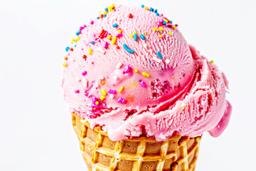 Close-up of pink ice cream in a waffle cone on a white background.