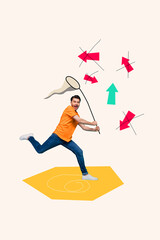 Poster - Creative abstract template collage of funny male running catch arrow career ideas freak bizarre unusual fantasy billboard