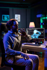 Poster - Rogue AI gaining consciousness and controlling software technician mind, scifi dystopian scenario. Omniscient evil sentient artificial intelligence possessing computer scientist, AI takeover concept