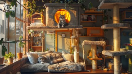 Poster - A cozy indoor scene with a cat lounging in a multi-level cat tree, showcasing various nooks and platforms for play and relaxation