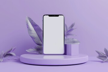 Poster - 3D rendering of smartphone mockup with purple background and abstract leaves