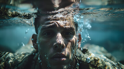 american soldier sinking underwater, suffering from ptsd from combat, mental health wellness, copy space for posters and banners
